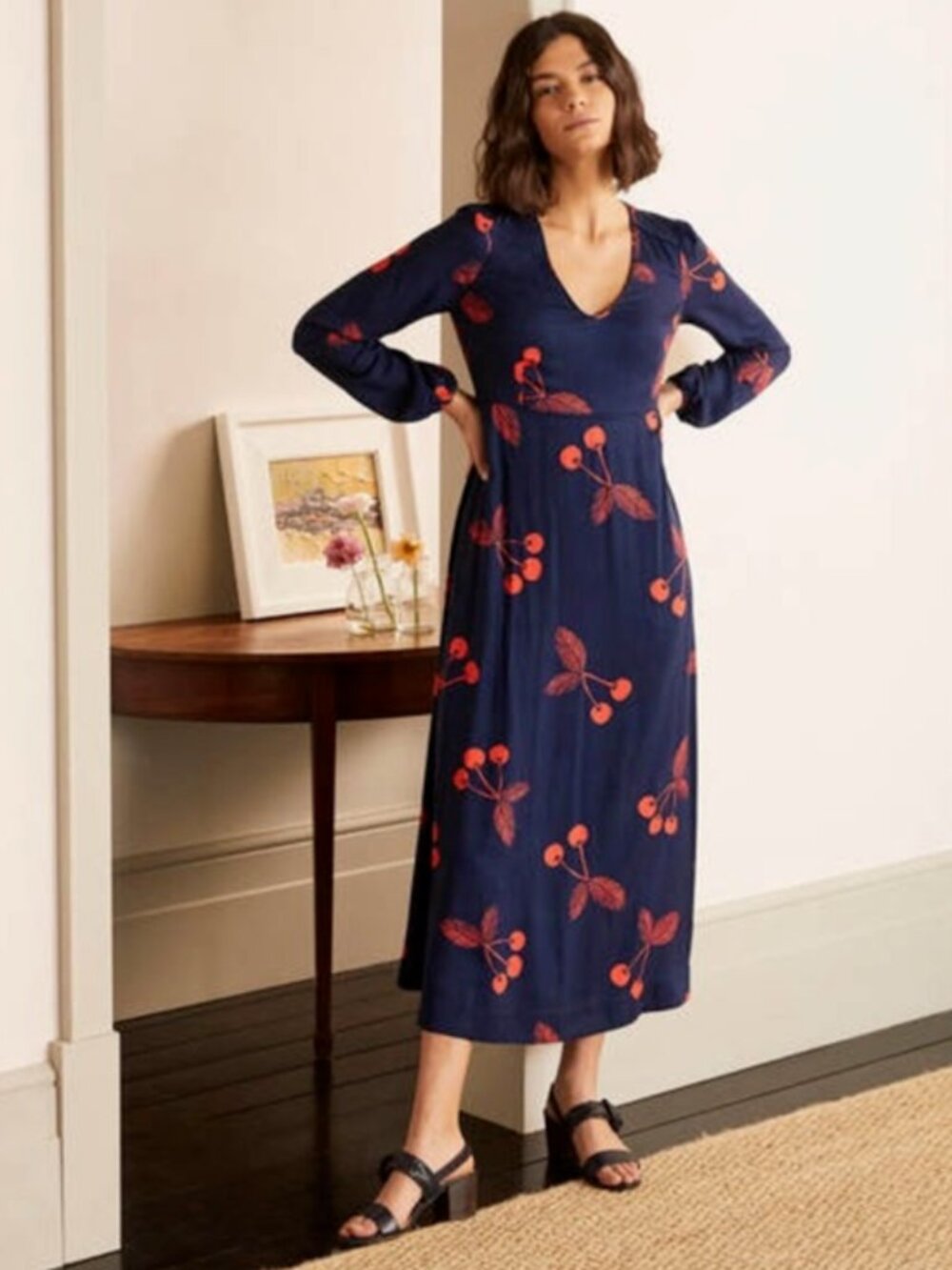 Boden Tanya Cherry Print Midi Dress Navy Blue Red Long Sleeve A-Line Size 8